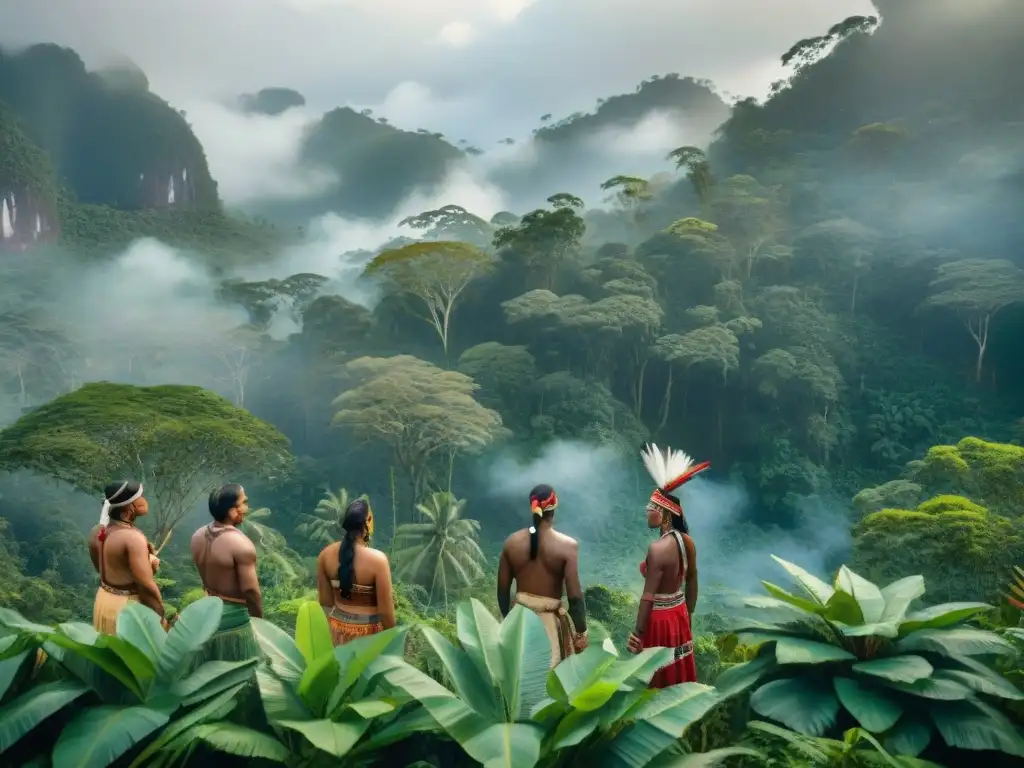 Escena impactante de arte indígena y cambio climático: danza tradicional y deforestación en la selva