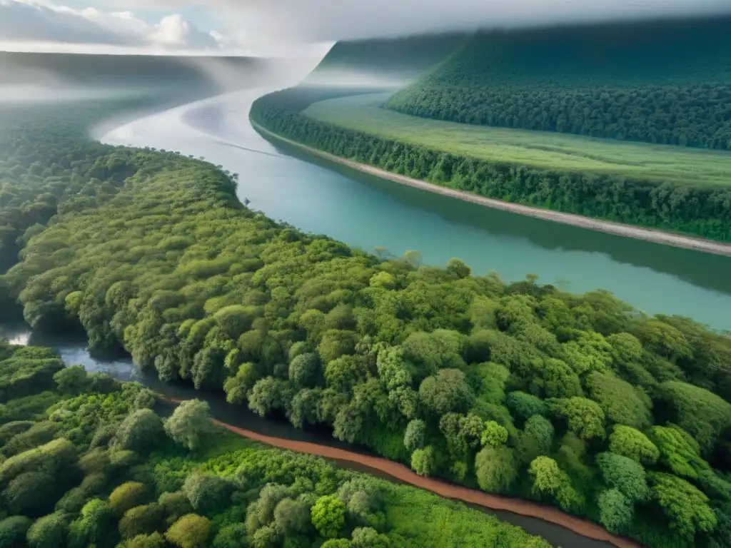 Una escena impactante muestra a una comunidad indígena en ceremonia junto a un río en la selva, con un oleoducto de fondo