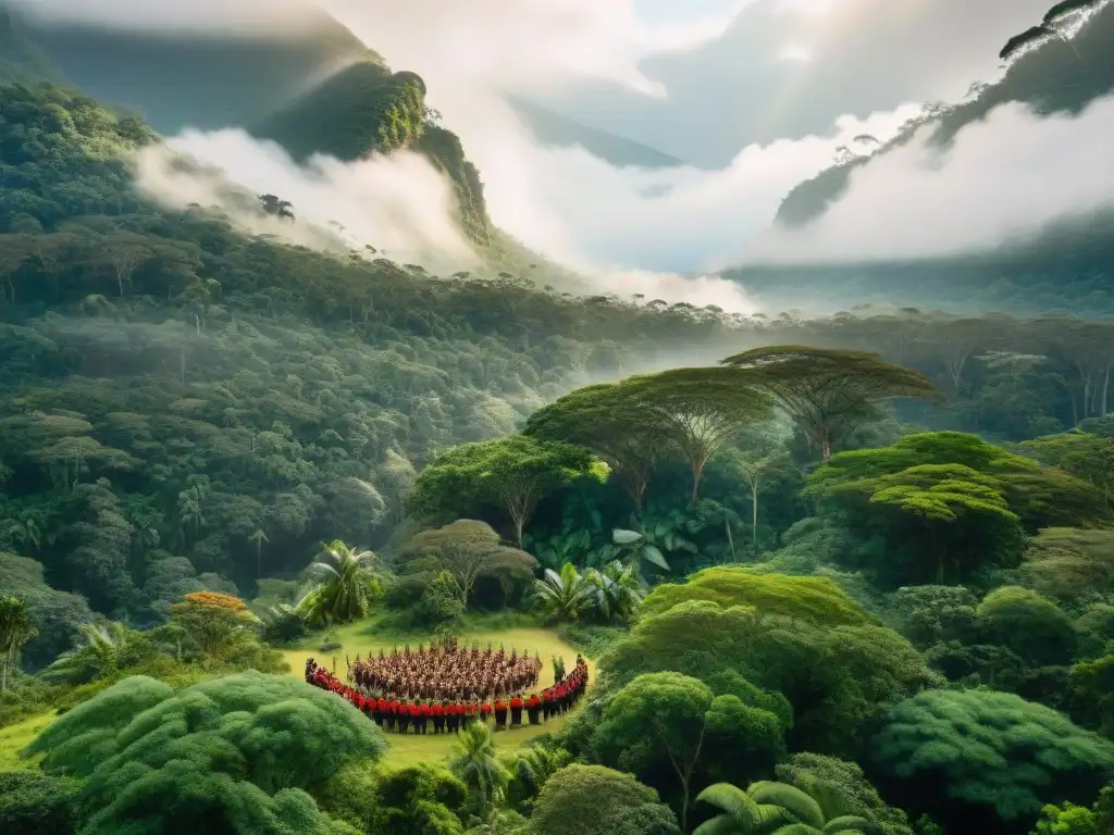 Una escena impresionante de un exuberante bosque tropical, con árboles imponentes, fauna variada y luz solar filtrándose a través del dosel