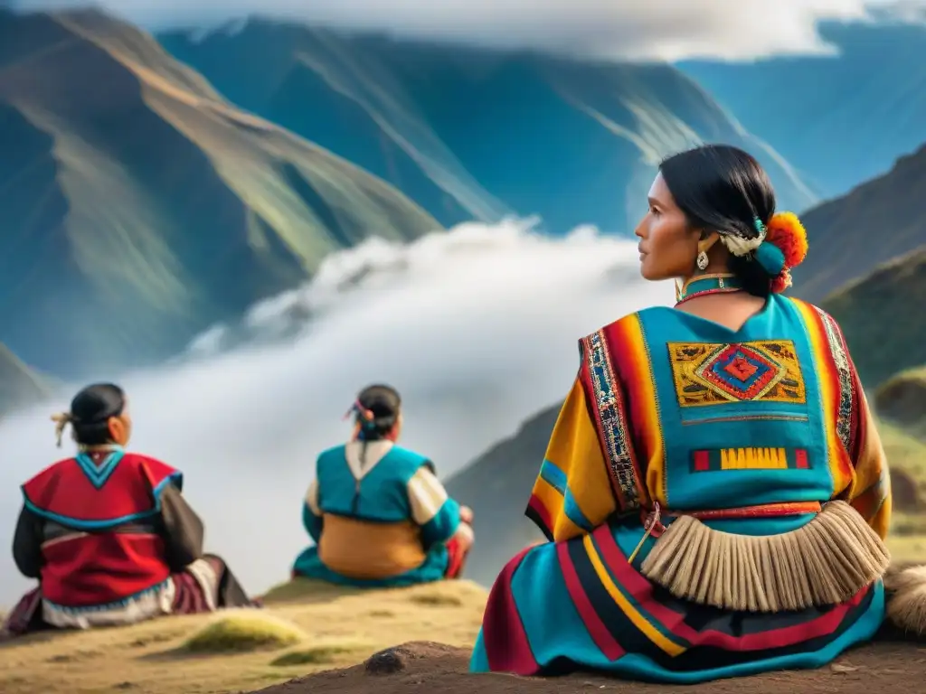 Una escena impresionante de nativos andinos en ceremonia cultural rodeados de montañas, mostrando la esencia de aprender lenguas indígenas esencial