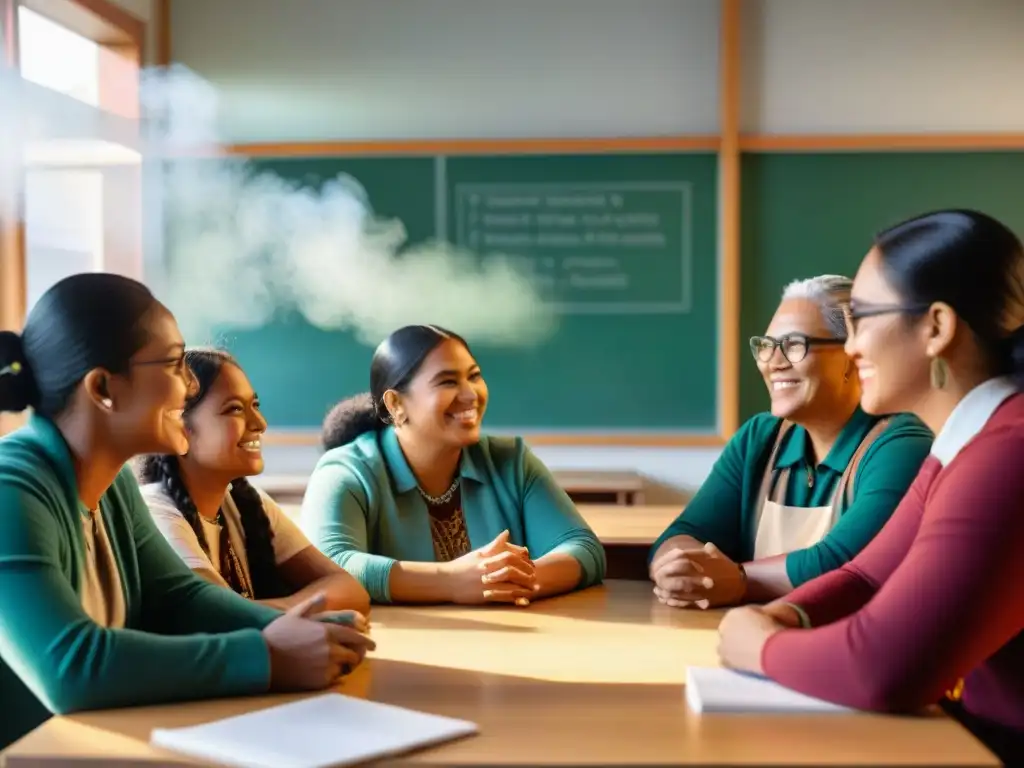 Una escena inspiradora de educación para la igualdad de derechos indígenas: estudiantes diversos participan animadamente en clase con un anciano líder