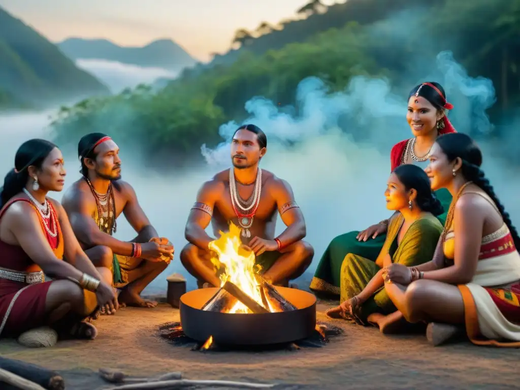 Escena de autorepresentación indígena en línea: grupo diverso reunido alrededor de fogata, compartiendo historias en la selva