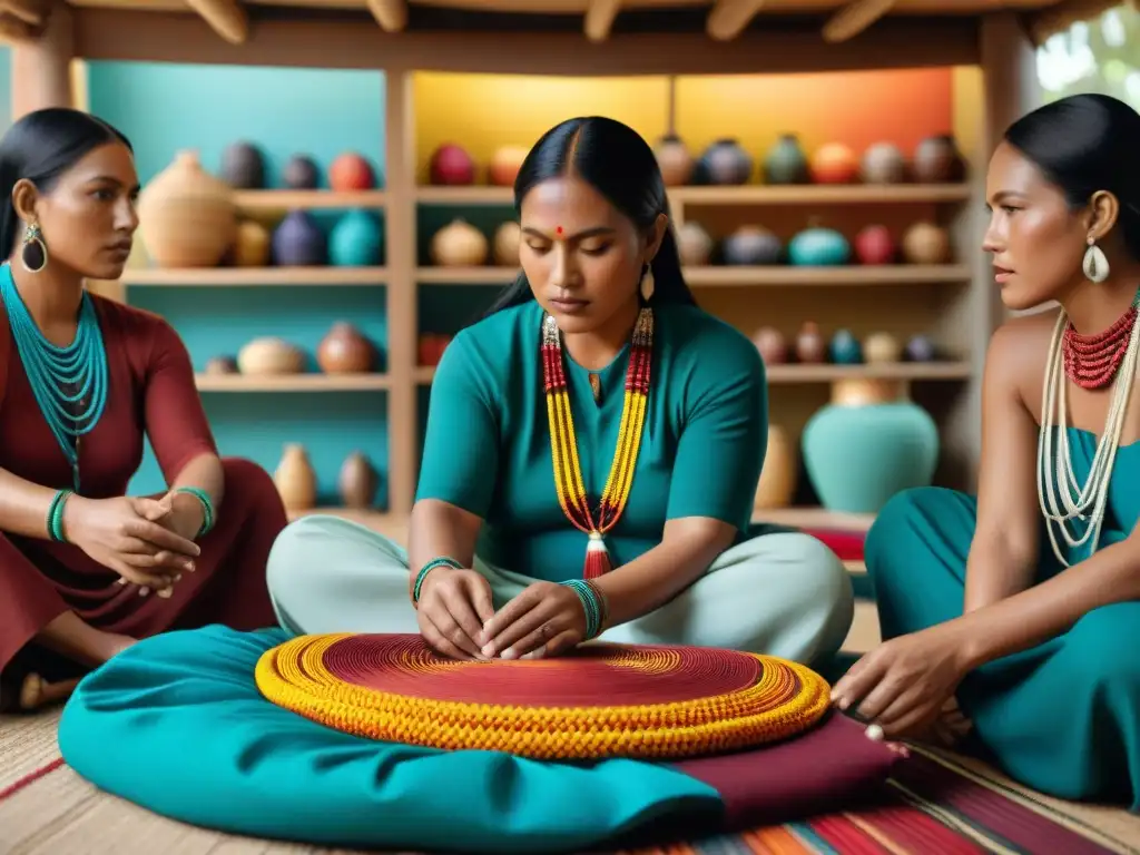 Una escena llena de color y tradición, donde artesanos indígenas elaboran accesorios símbolos de lucha y comunidad