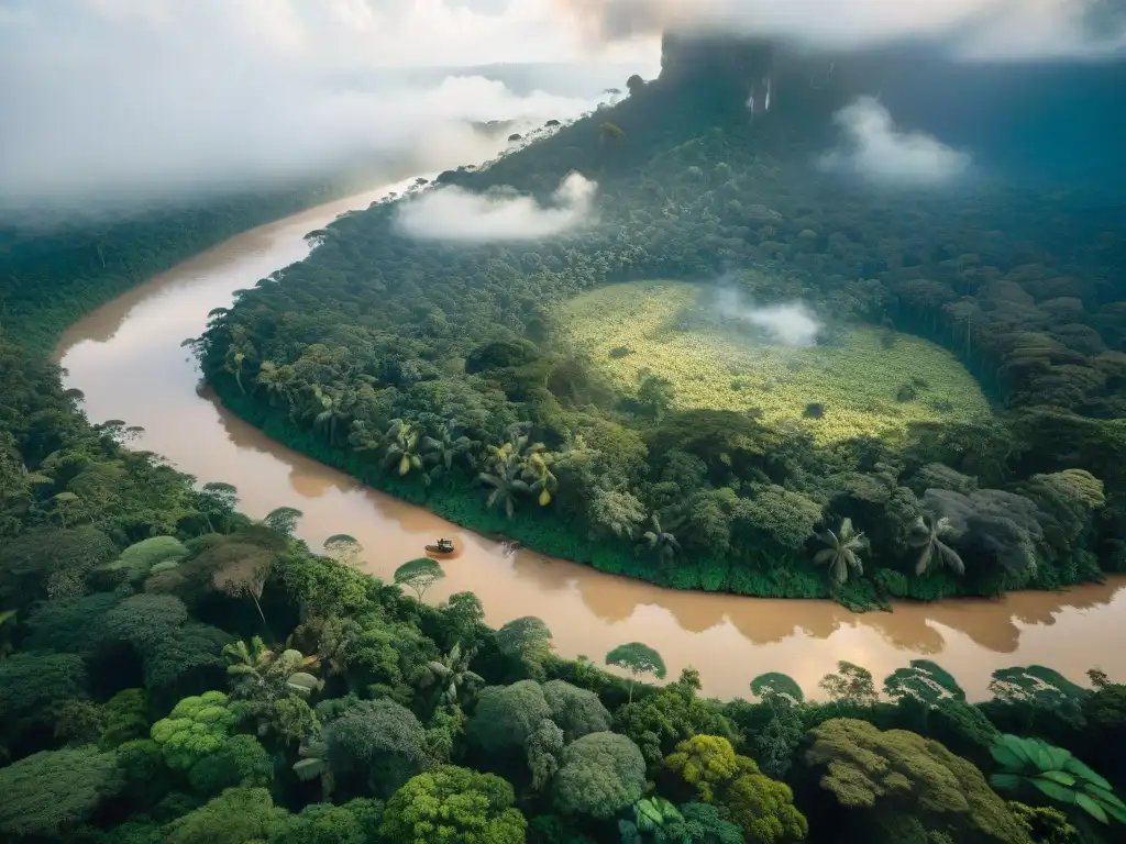 Una escena mágica de la exuberante selva amazónica, donde la armonía entre hombre y selva se refleja en la convivencia con la naturaleza