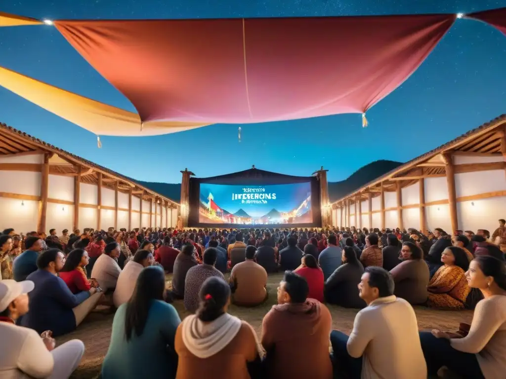Escena mágica: Festival de cine indígena vibrante y diverso Una escena mágica de festival de cine indígena: diversidad cultural, conexión comunitaria y pasión por el cine, bajo un cielo estrellado