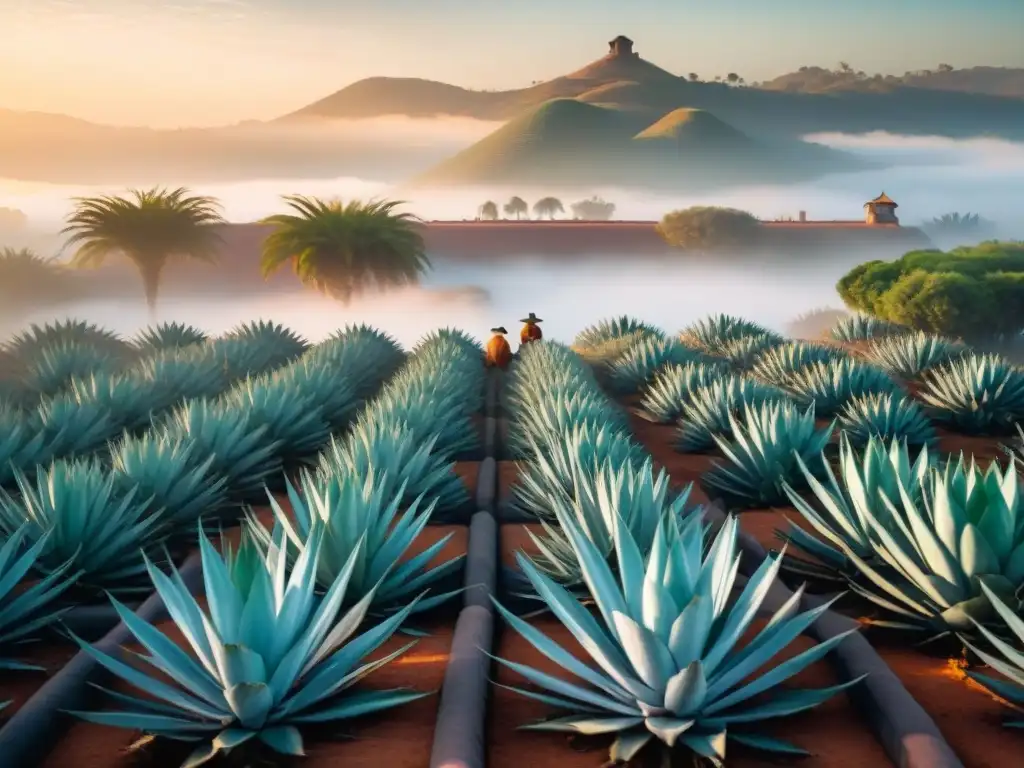 Escena mágica de una hacienda de pulque al amanecer, con agaves, trabajadores y tinacos en la neblina matutina