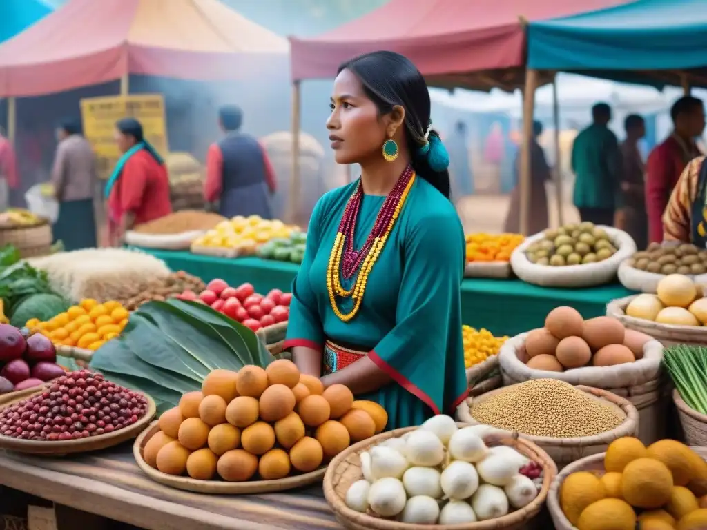 Una escena de mercado indígena llena de vida y color con alimentos tradicionales y carteles en idioma indígena