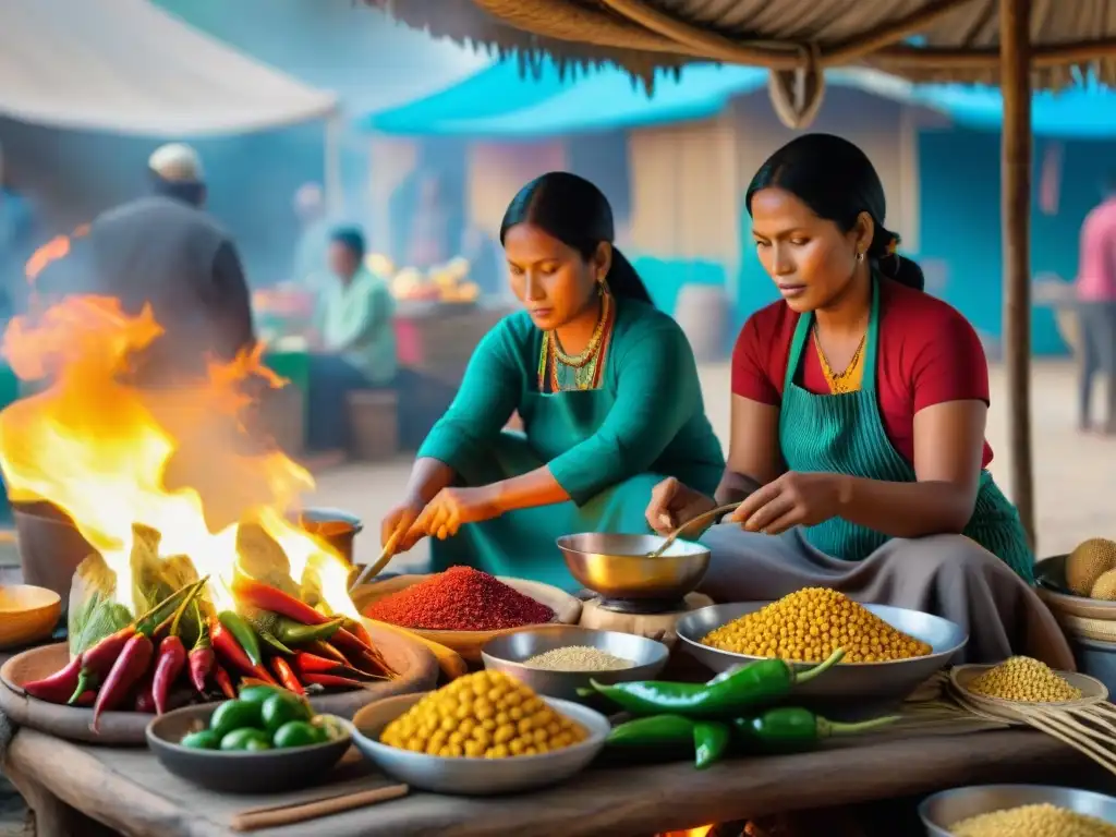 Escena de mercado indígena vibrante con gastronomía tradicional resistiendo la homogeneización