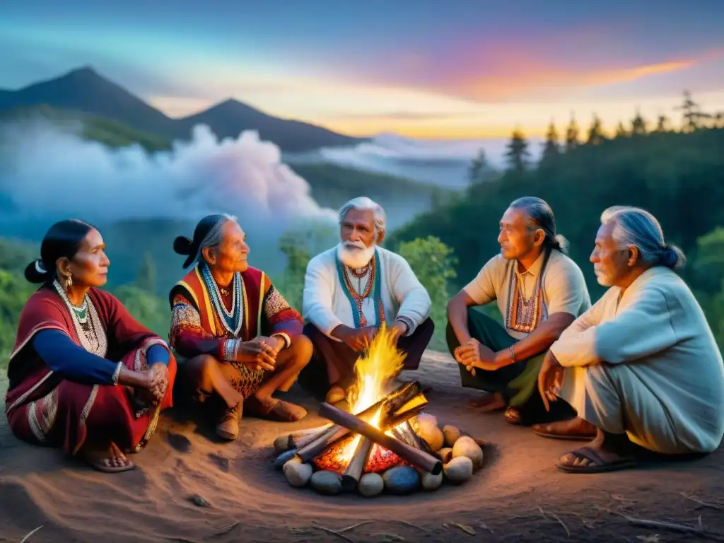 Una escena mística de ancianos y niños indígenas alrededor de una fogata al atardecer, en un bosque estrellado