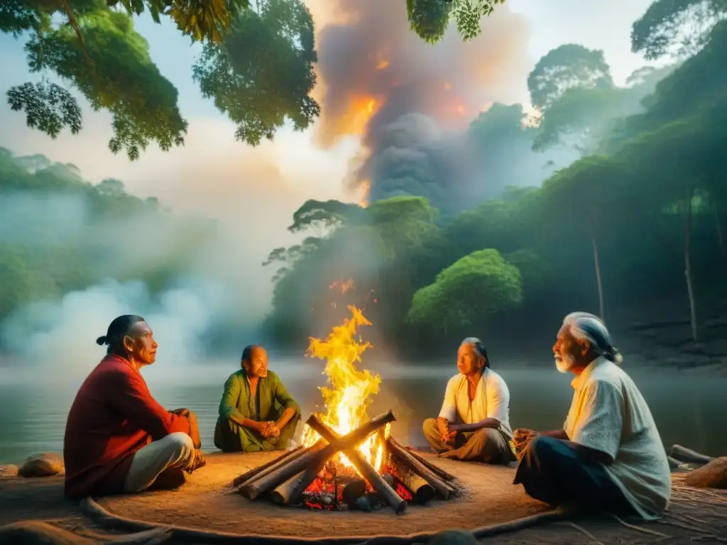 Una escena mística de conexión espiritual entre culturas indígenas: ancianos alrededor del fuego en el bosque antiguo