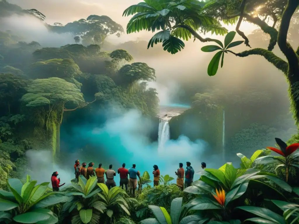 Una escena mística de la selva amazónica al amanecer con indígenas realizando un ritual alrededor de un árbol Guayusa, rodeados de fauna exótica