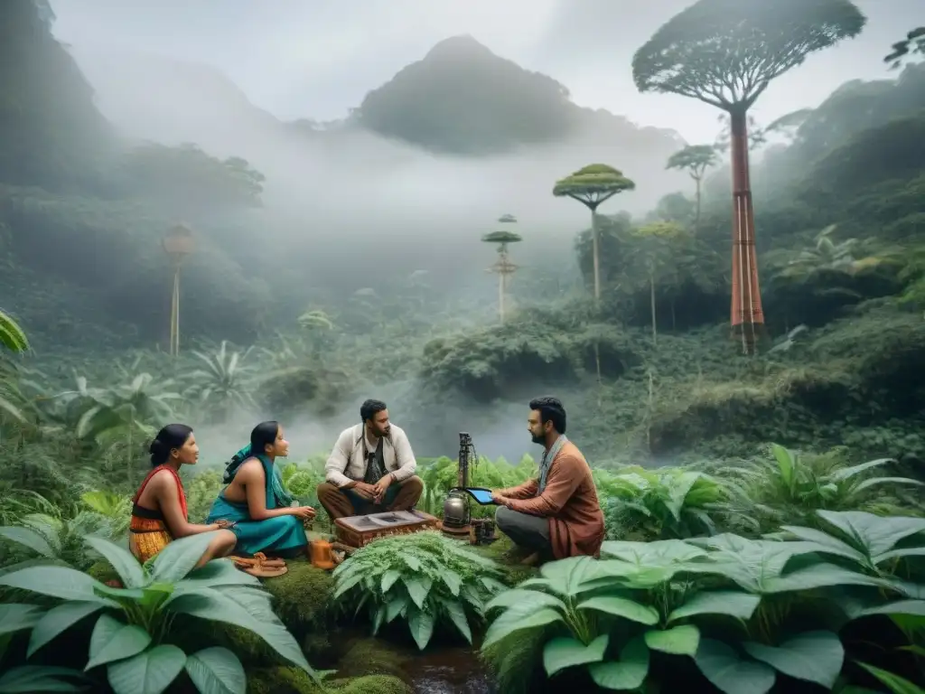 Una escena de Monitoreo ambiental inclusivo tecnología tradición en la selva: científicos y miembros de la comunidad indígena colaboran armoniosamente