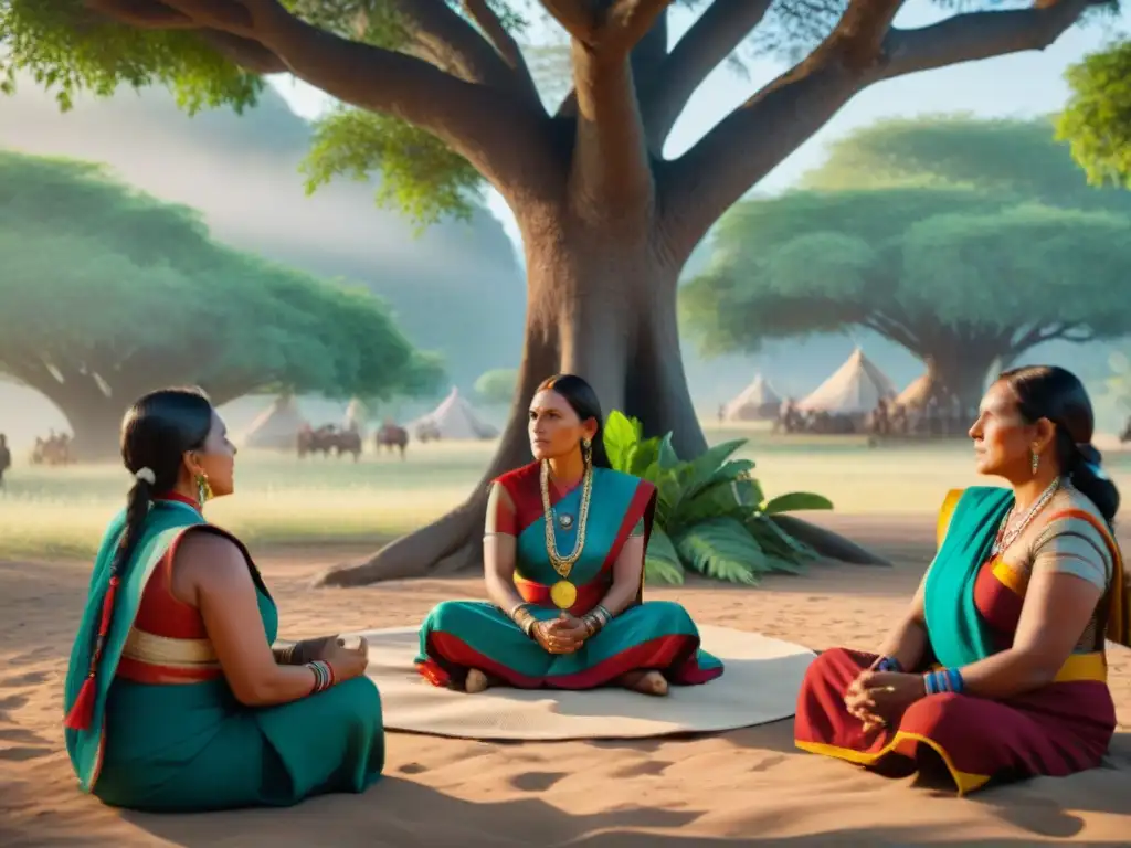 Una escena de mujeres indígenas preservando lenguas bajo un árbol, compartiendo historias y sabiduría en un ambiente empoderador