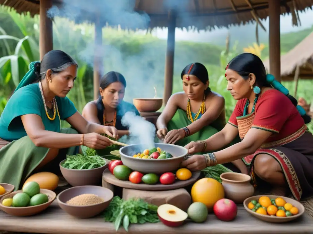 Escena de preparación de comida espiritual en culturas indígenas con detalles vibrantes y conexión con la naturaleza