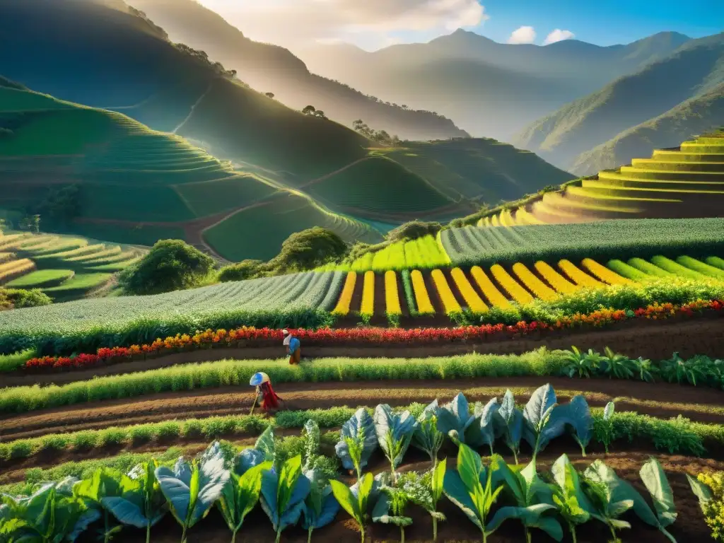 Escena de resistencia indígena: agricultores cultivan cosechas coloridas en campo biodiverso, mezclando prácticas tradicionales con técnicas sostenibles