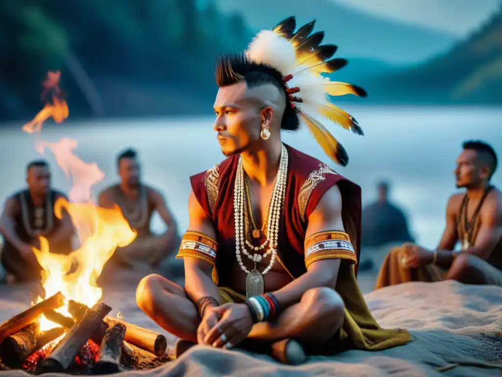 Ritual sagrado: Comunidad Mohawk en regalia junto al fuego Una escena de revitalización de rituales ceremonias Mohawk alrededor de una fogata sagrada, iluminando rostros con un cálido resplandor