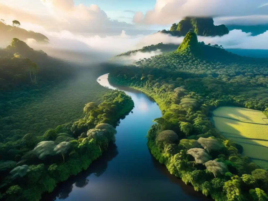 Escena sagrada: exuberante selva amazónica con vida silvestre y río cristalino, reflejo de principios espirituales indígenas ecología