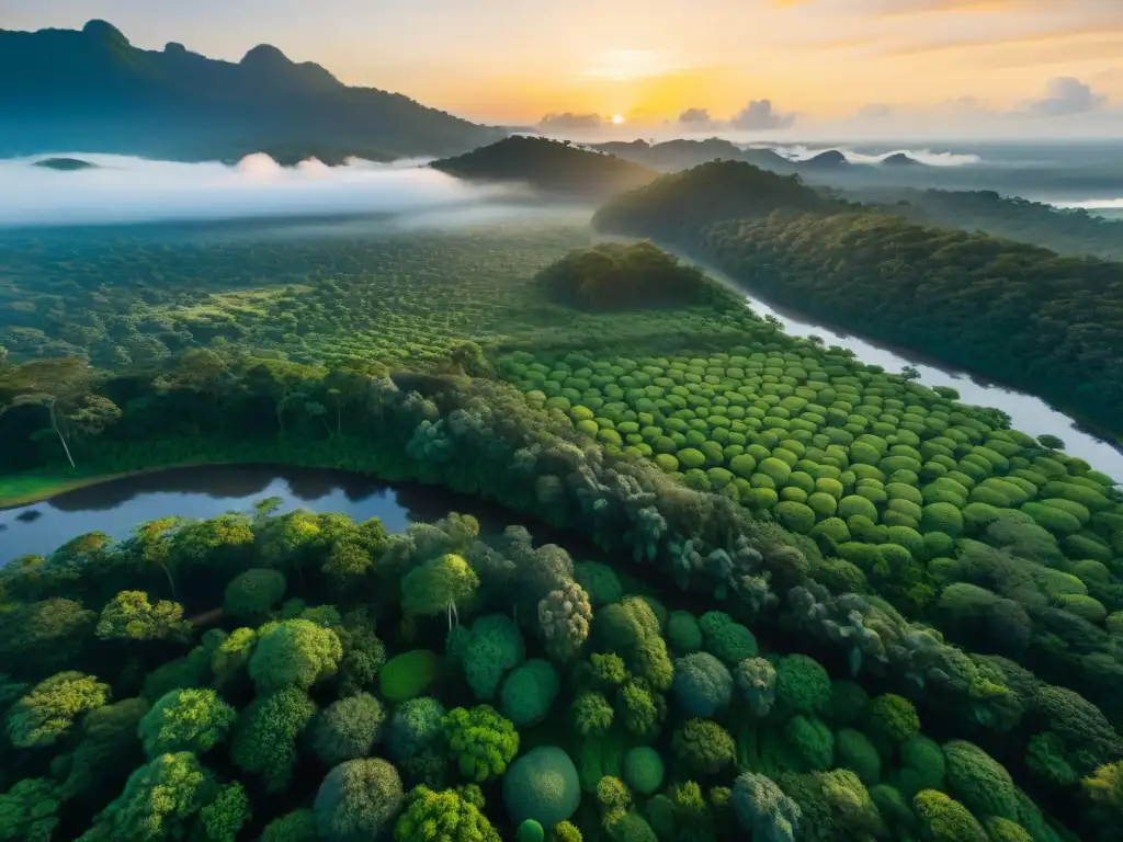 Escena de la selva amazónica al amanecer, agricultores indígenas cosechando Sacha Inchi