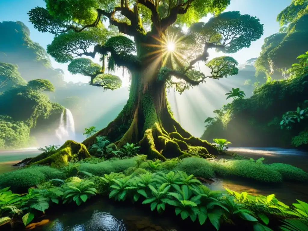 Escena de selva exuberante con árbol antiguo y arroyo cristalino, reflejando la filosofía de vida indígena