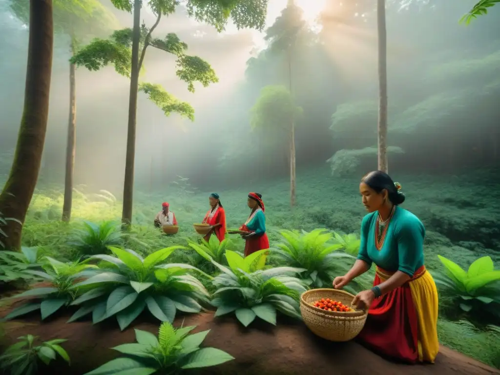 Una escena de recolección sostenible en la selva con indígenas en trajes tradicionales, practicando comercio justo en culturas indígenas