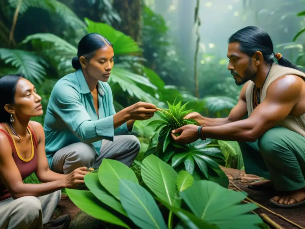 Escena con técnicas indígenas de conservación de suplementos naturales en la selva exuberante