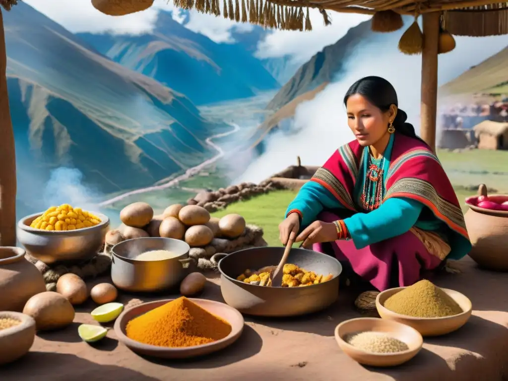 Una escena tradicional andina con una mujer que cocina sobre un fogón rodeada de ingredientes locales y textiles andinos, con los majestuosos Andes de fondo