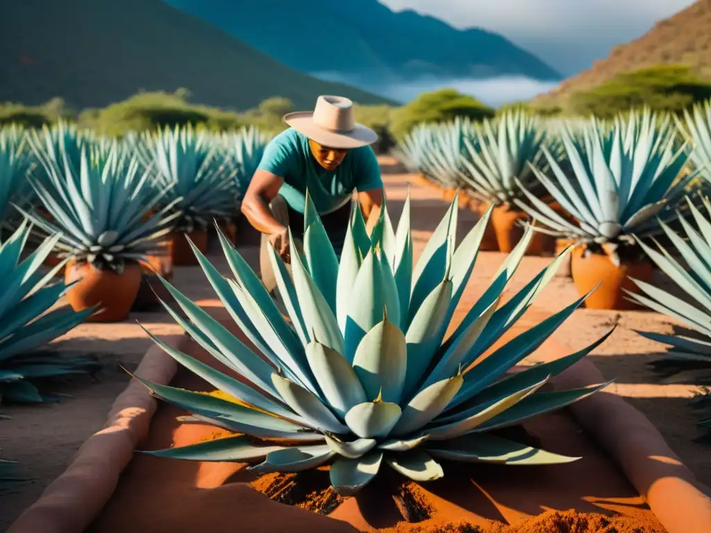 Escena tradicional de extracción de pulque con agave en proceso