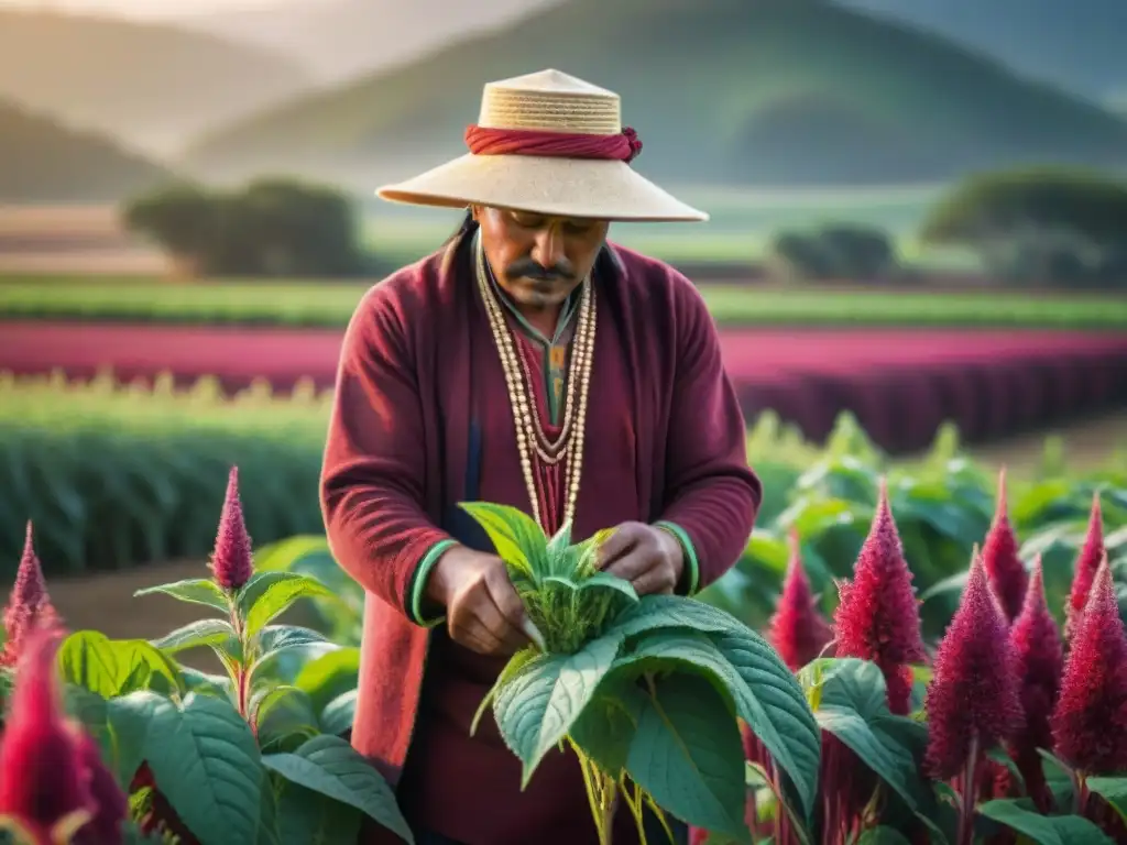 Una escena vibrante de agricultores indígenas en un campo de amaranto, destacando la conexión ancestral con el cultivo