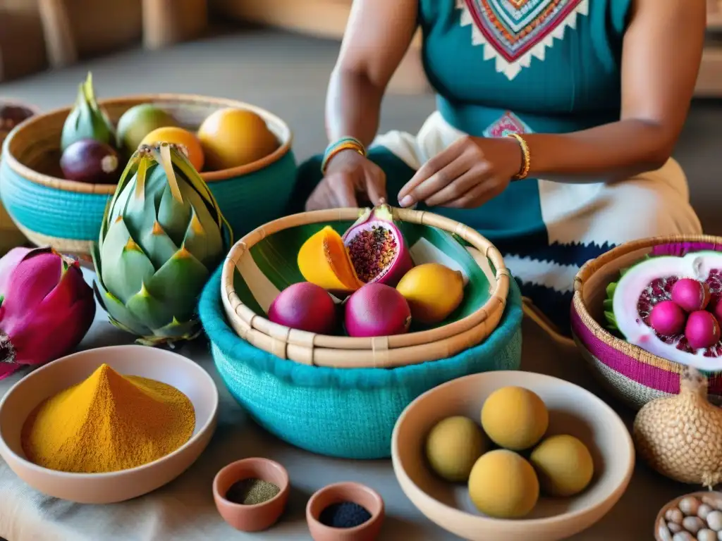 Una escena vibrante de alimentos indígenas en cestas y cajones, con artesanías y colores, ideal para tiendas alimentos indígenas online