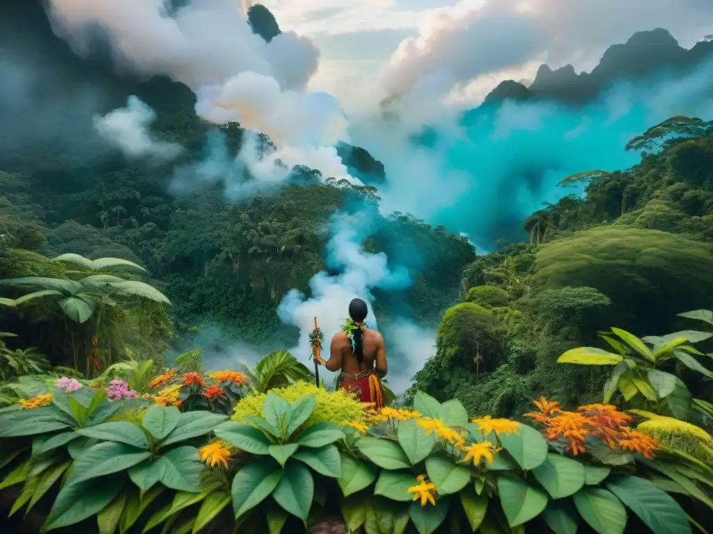 Escena vibrante del Amazonas con plantas sagradas en ritual chamánico, significado plantas sagradas espiritualidad indígena