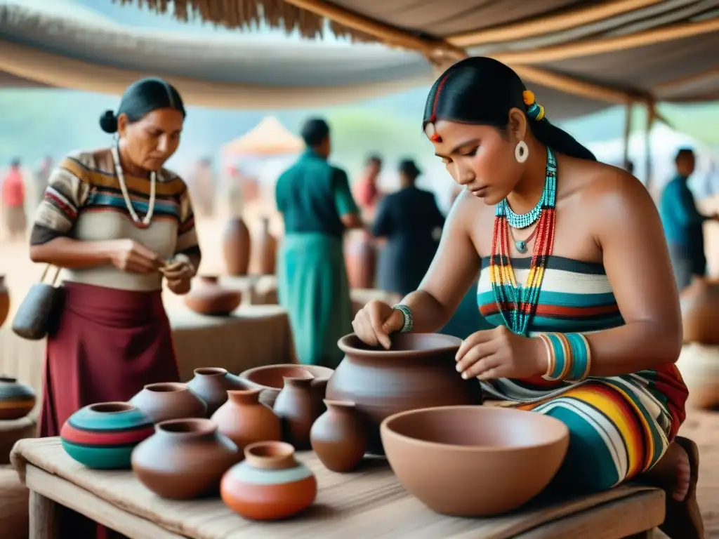 Una escena vibrante de artesanos indígenas creando artesanías en un mercado, simbolizando la transformación digital de las artesanías indígenas