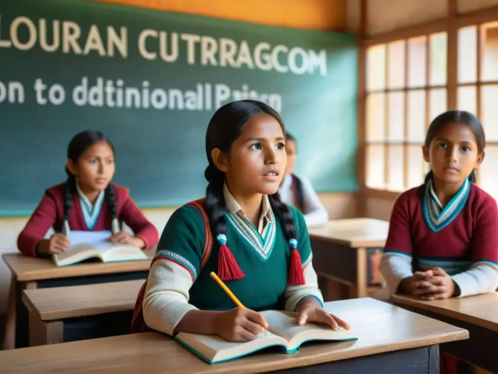 Escena vibrante de aula en escuela rural de los Andes con educación bilingüe en América Latina