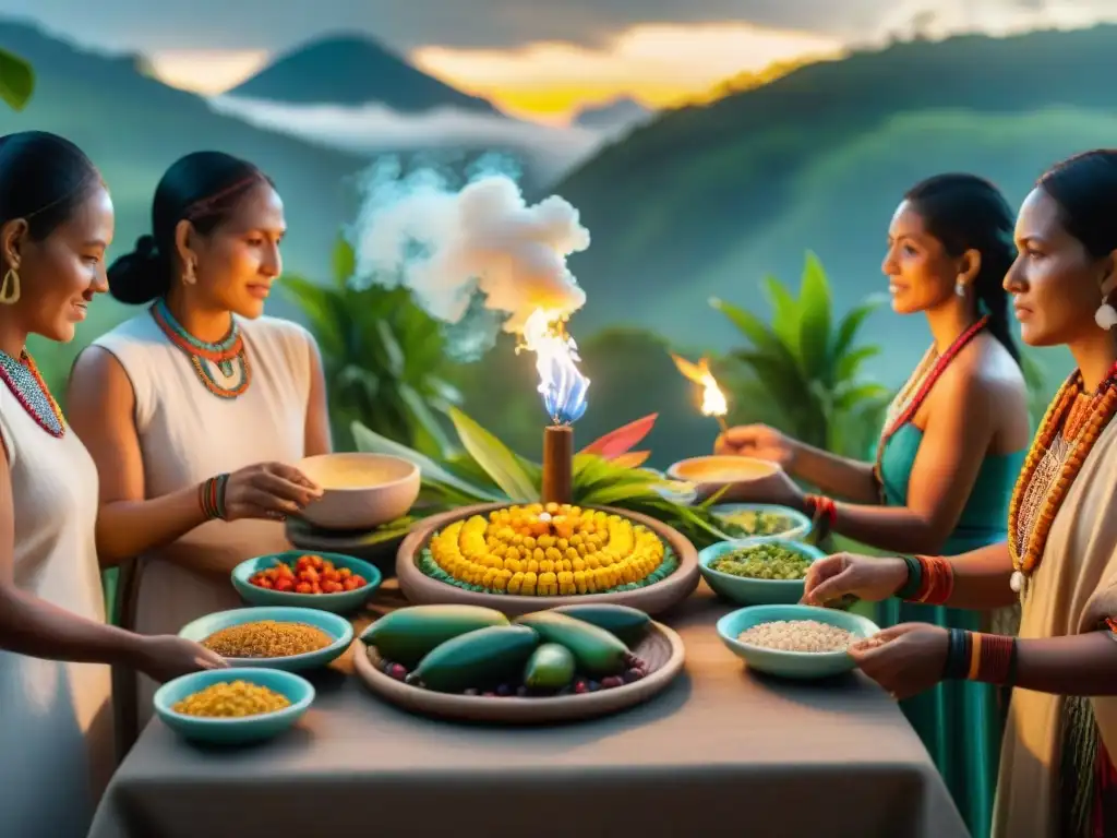 Una escena vibrante de un banquete ceremonial indígena en las Américas, con platos ceremoniales culturas indígenas Américas