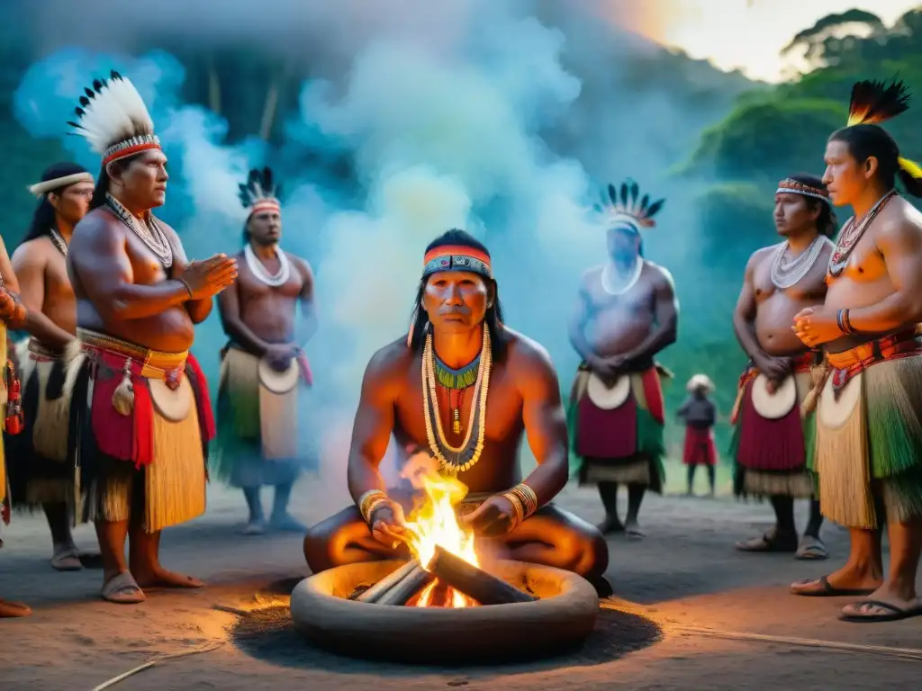 Escena vibrante de ceremonia de sanación indígena en la Amazonía, con ritual sagrado y comunidad vestida de forma tradicional