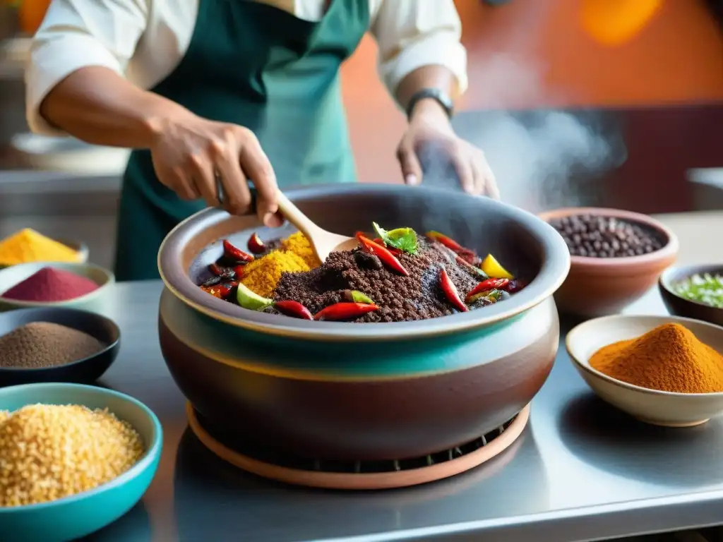 Escena vibrante de una cocina mexicana tradicional con ingredientes coloridos y mole en proceso