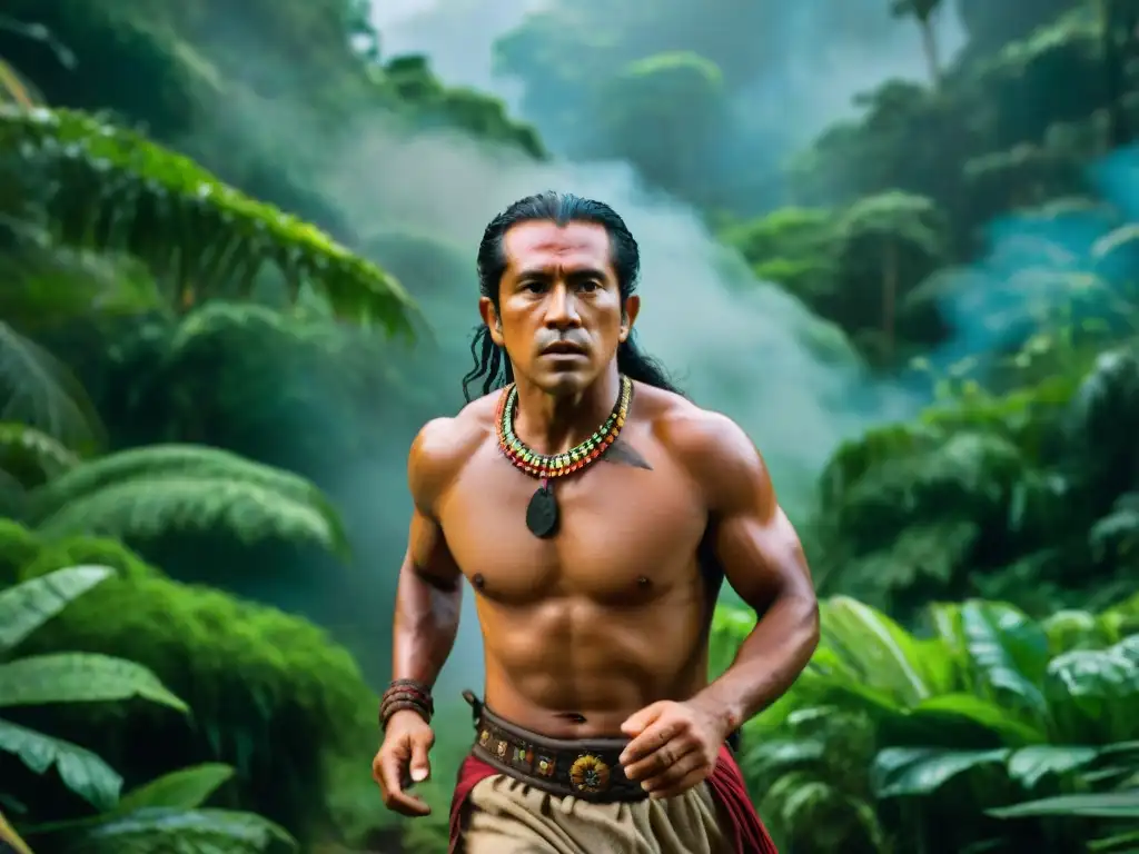 Escena vibrante de comunidades indígenas en la jungla, transmitiendo urgencia y supervivencia como en 'Apocalypto' de Mel Gibson