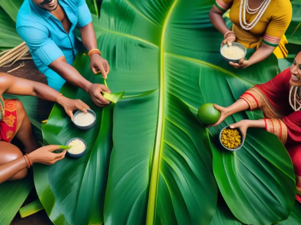 Una escena vibrante de diversidad y conexión: pueblos indígenas compartiendo alimentos locales