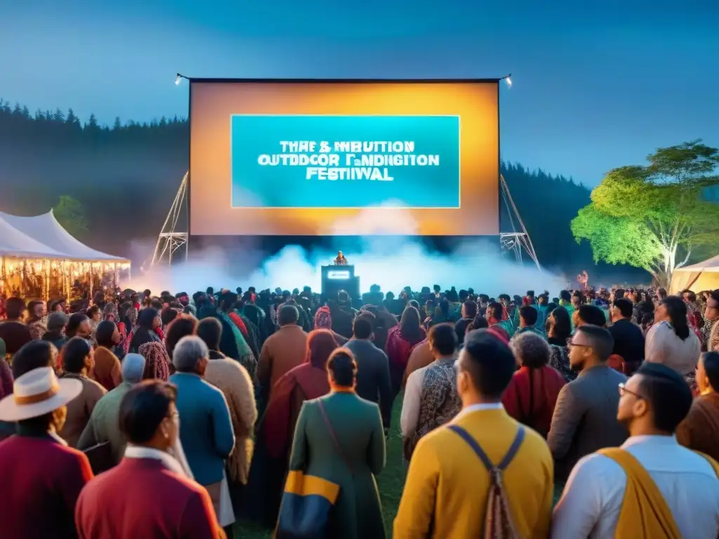 Una escena vibrante de un festival de cine al aire libre con diversidad cultural y educativa