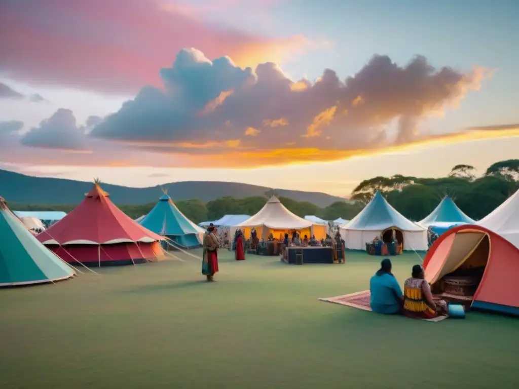 Escena vibrante en festival de cine indígena: cineastas y asistentes disfrutan proyección bajo cielo abierto al atardecer, rodeados de color y cultura