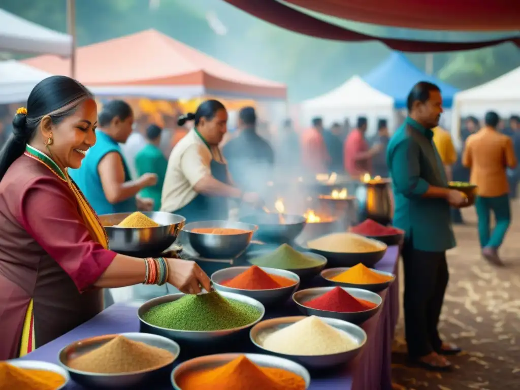 Escena vibrante de un festival gastronómico indígena con coloridos puestos de comida y chefs preparando platos auténticos