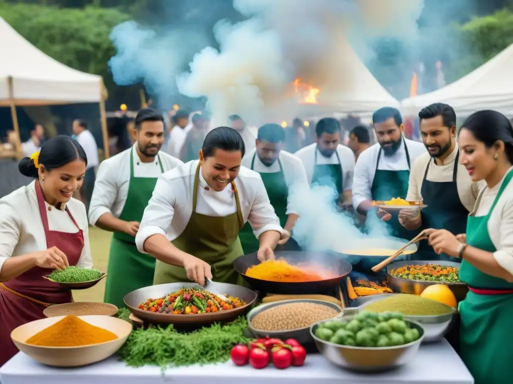 Una escena vibrante en un festival gastronómico con chefs indígenas preparando platillos tradicionales entre ingredientes coloridos