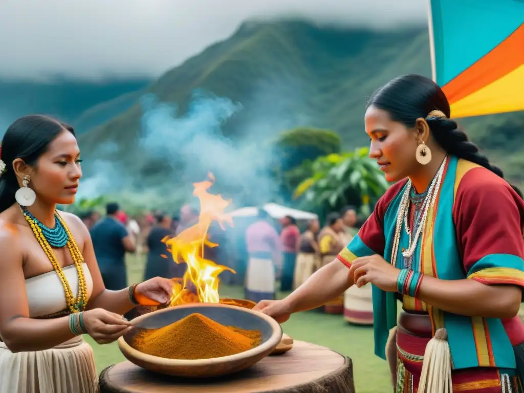 Escena vibrante en festival gastronómico indígena Américas: colores, trajes tradicionales, comida nativa y música cultural