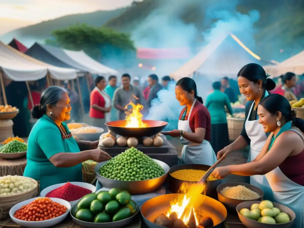 Escena vibrante de festival indígena con ingredientes locales y mujeres cocinando en fogatas