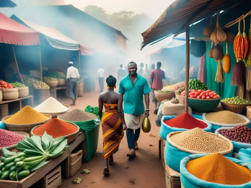 Escena vibrante de un mercado africano con influencia africana en cocina indígena