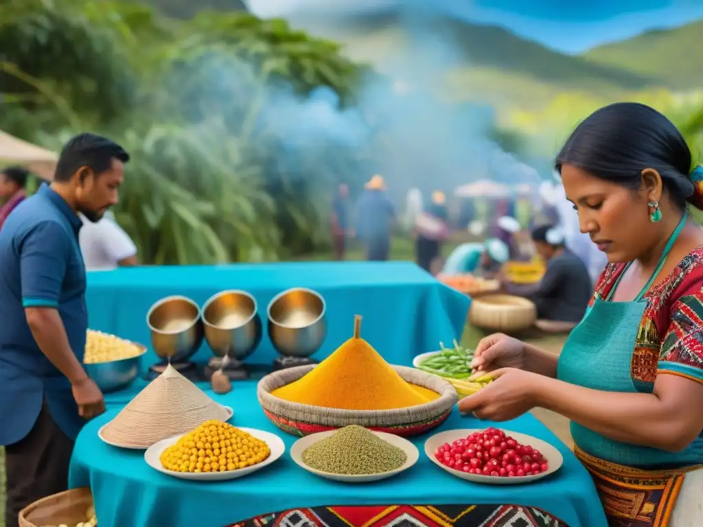 Escena vibrante de un mercado de alimentos indígenas en festival, mujeres preparando platos tradicionales