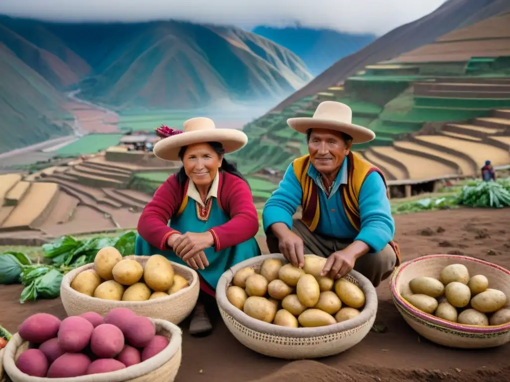 Escena vibrante de mercado andino con papas nativas y gran actividad