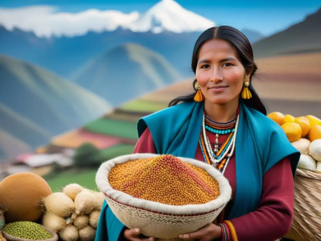 Escena vibrante de mercado andino con agricultores indígenas vendiendo productos locales