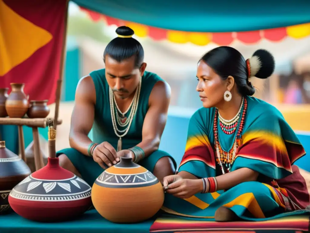 Una escena vibrante en un mercado con artesanos indígenas de las Américas, destacando la diversidad y belleza de sus aplicaciones culturales