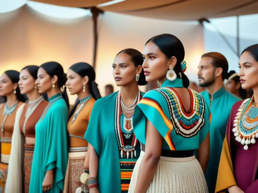 Una escena vibrante en un mercado donde diseñadores indígenas de todo el mundo exhiben su moda única