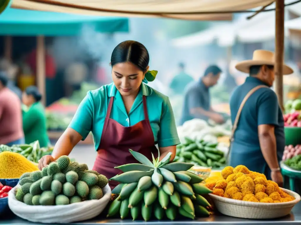 Escena vibrante en un mercado en México con diversidad de personas indígenas preparando platillos de nopal